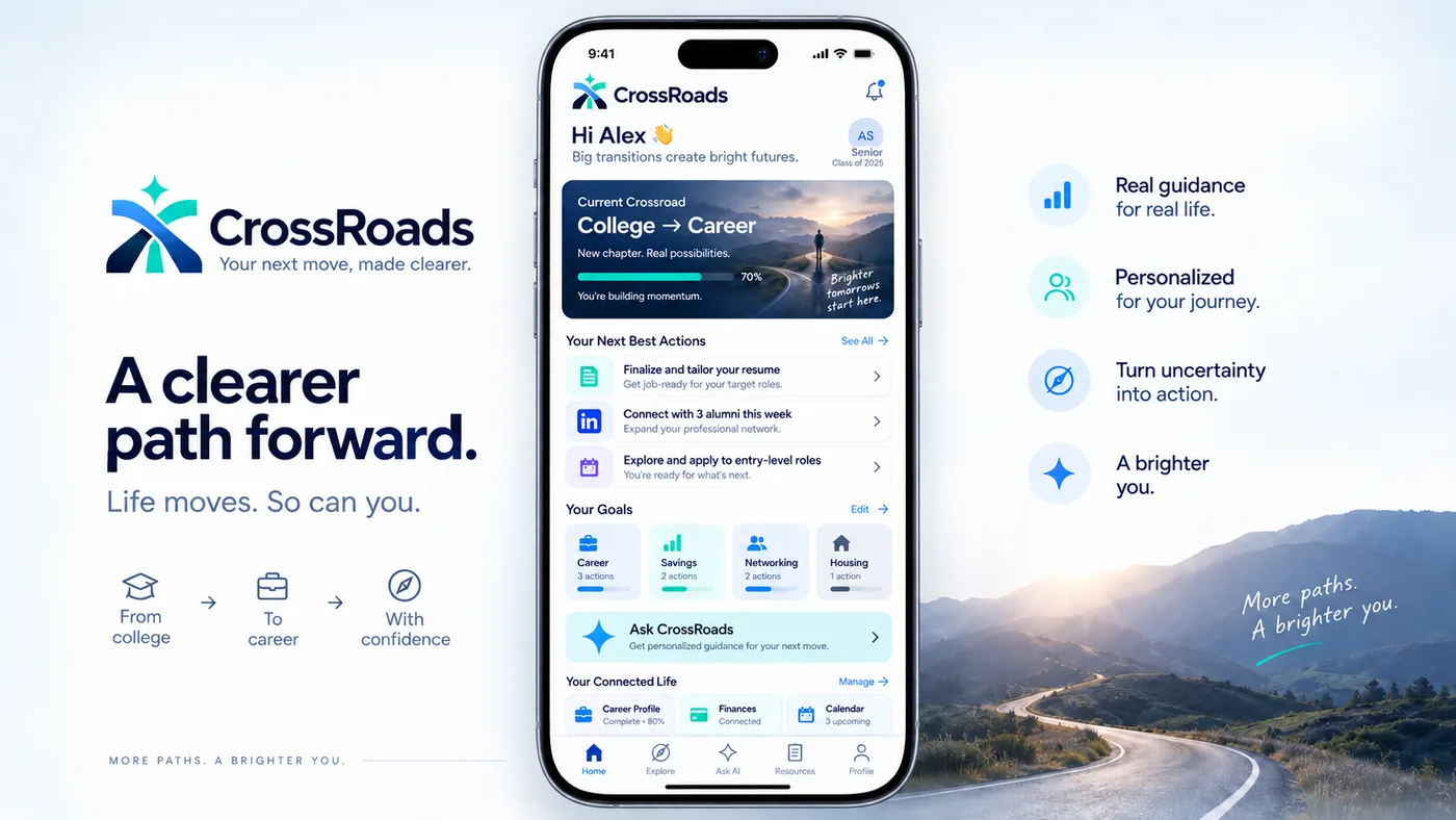 CrossRoads product concept showing a life planning dashboard